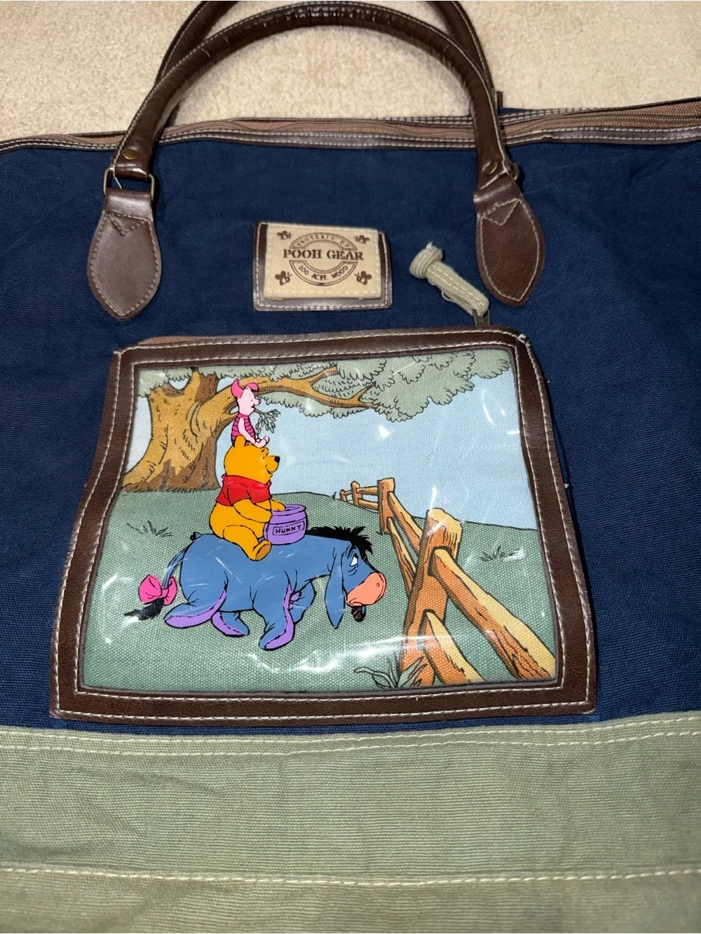 Vintage Winnie the Pooh Gear Duffel Bag Blue Green Travel Weekender Disney